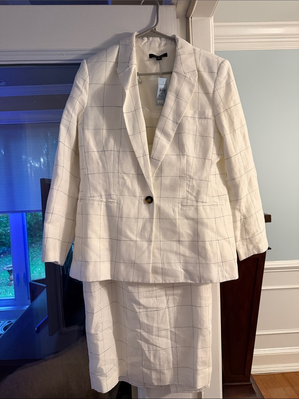 Ann Taylor White Windowpane Single-Button Blazer and Skirt Set